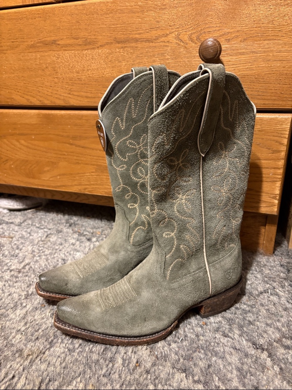 Ariat Olive Suede Western Booties with Embroidered Shaft